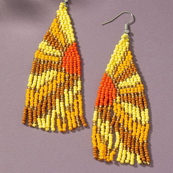 Here Comes The Sun Seed Beaded Boho Hippie Western Gypsy Long Earrings - Picture 3 of 5